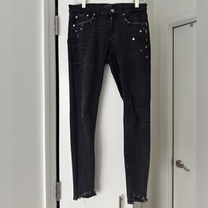 Zara Women’s Distressed Wash Black Denim Embellished Jeans
